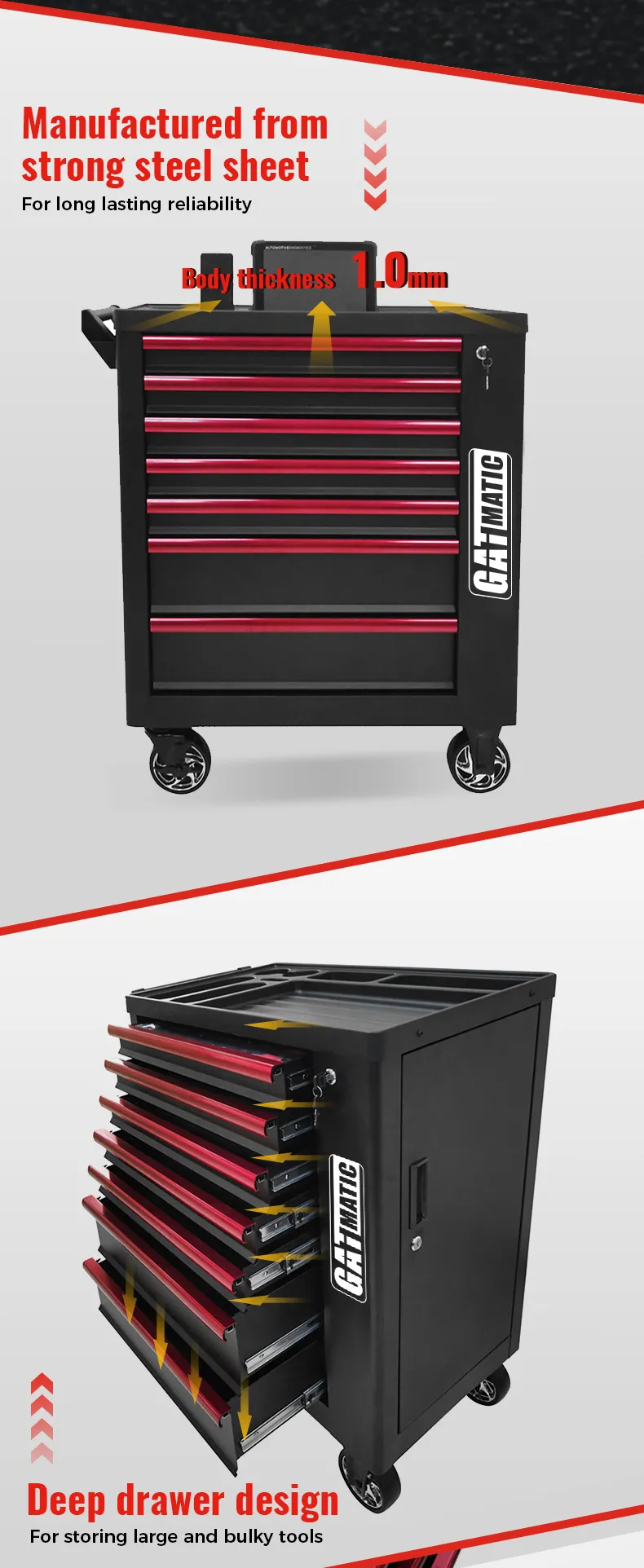 GEC307 Tool Cabinet, Deep Drawer Design For Storing Large Bulky Tools