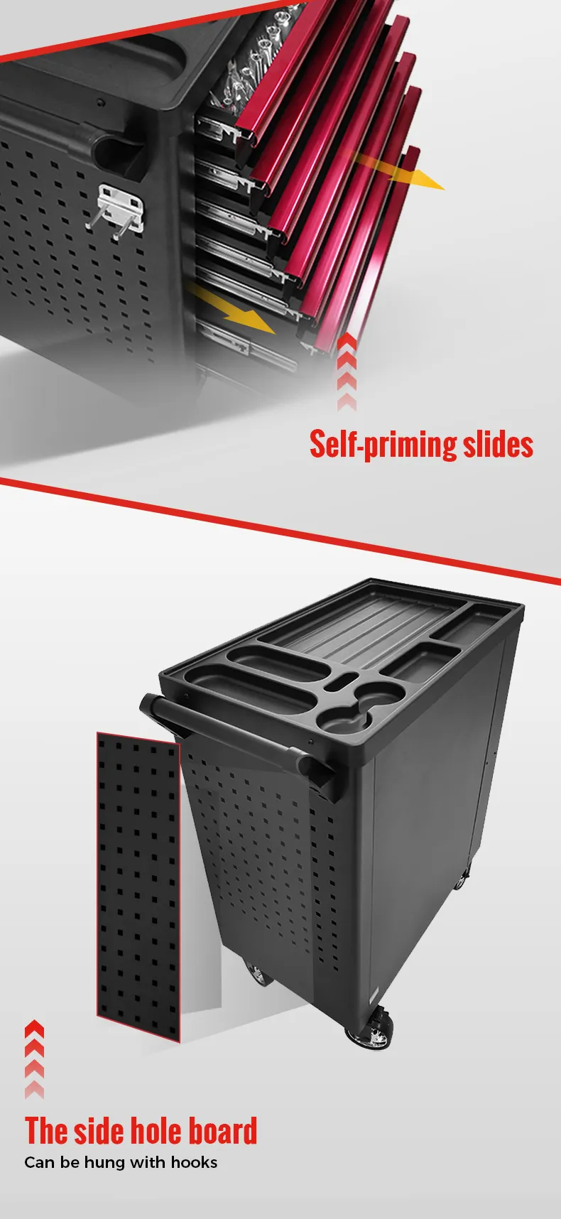 GEC307 Tool Trolley, Self-Priming Slides, Side Hole Board For Hooks