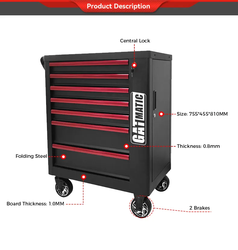 GATMATIC GEC307 Tool Cabinet, Central Lock, 1.0mm Thickness, 2 Brakes