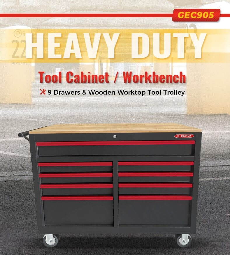 GATMATIC GEC905 9-Drawer Tool Cabinet With Wooden Worktop