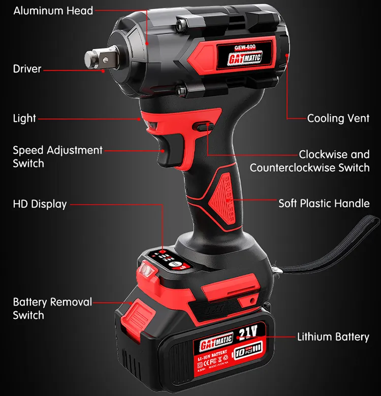 GEW-600 cordless impact wrench's robust design includes a durable housing and high-quality components that resist wear and tear.