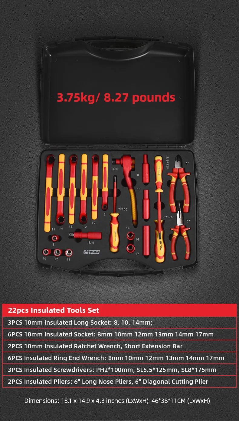 22Pcs Insulated Tool Set Complete Specs, Sockets, Wrenches, Screwdrivers, Pliers