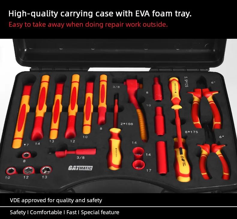 Insulated Tool Set With EVA Foam Carry Case, VDE Approved, Portable For Field Work