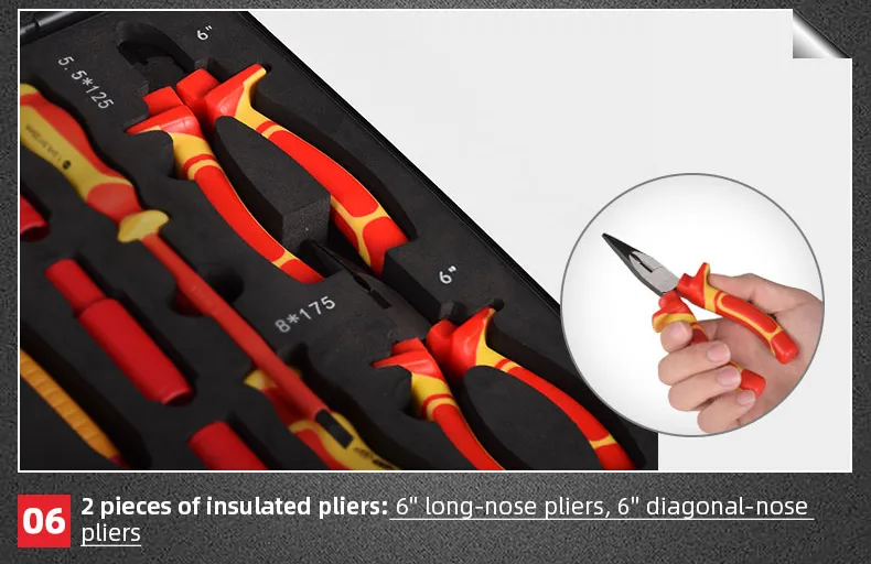 2Pcs 6" Insulated Pliers Set: Long & Diagonal-Nose, VDE Certified For EV Work