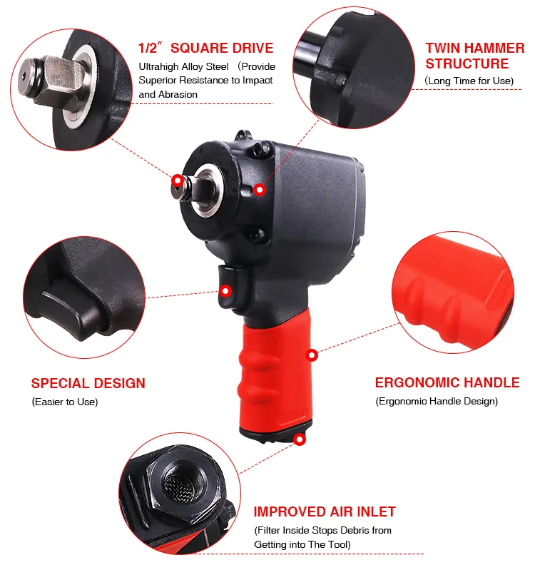 1/2" Drive Twin Hammer Air Impact Wrench, Featuring Alloy Steel Anvil, Ergonomic Handle And Improved Air Inlet