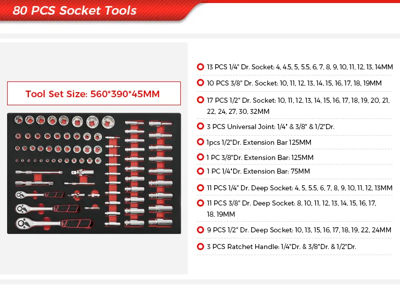 80Pcs Socket Tool Set, Metric Sockets, Ratchets, Extension Bars