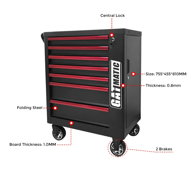GATMATIC 7-Drawer Tool Cart, Central Lock, 4 Wheels With Brakes